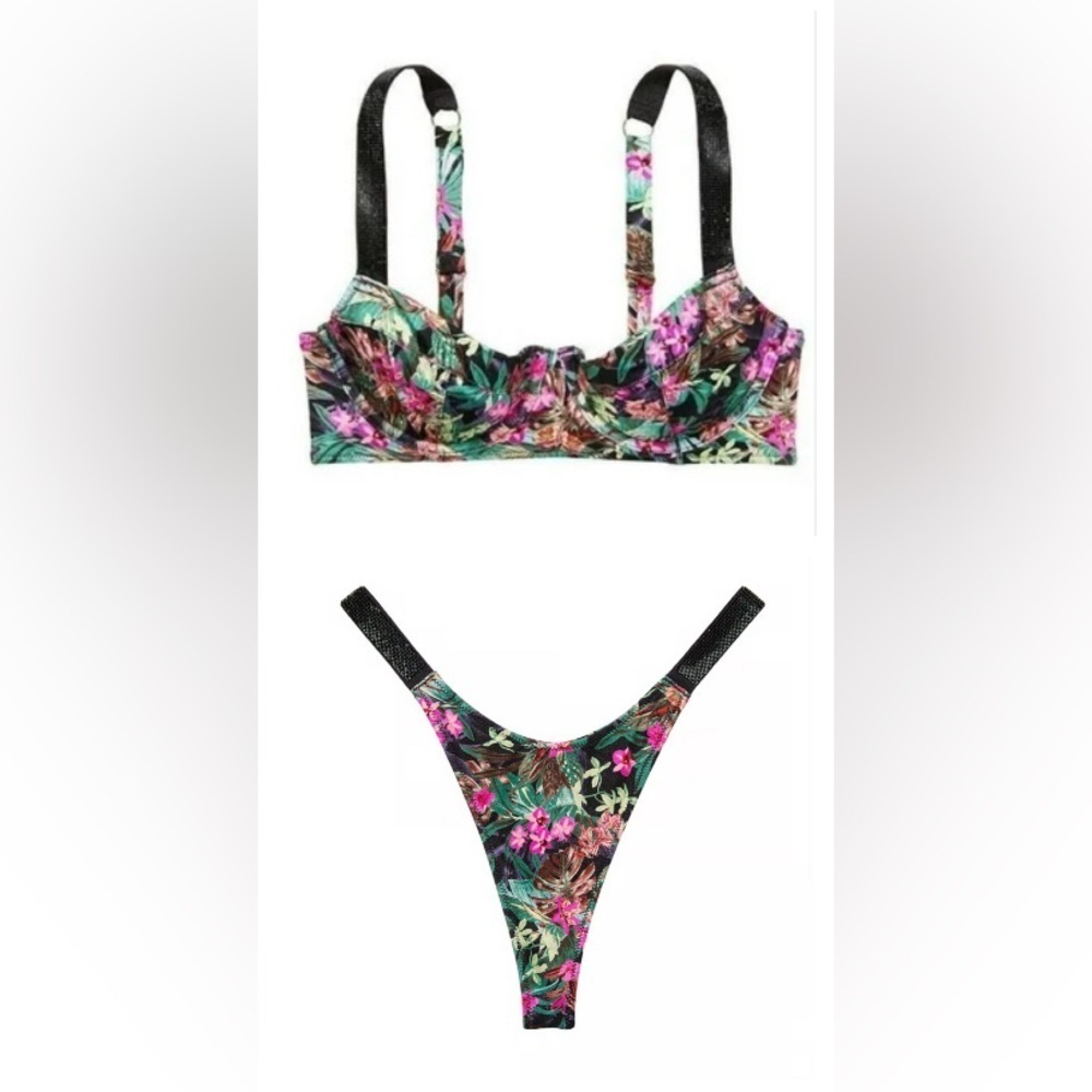 NEW Victoria’s Secret Floral Shine Strap Wicked Push Up thong Bikini 4745
